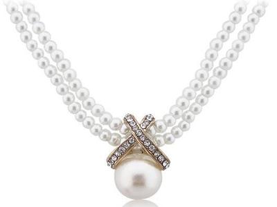 韓國飾品批發鑲鉆鏤空X珍珠項鏈混批