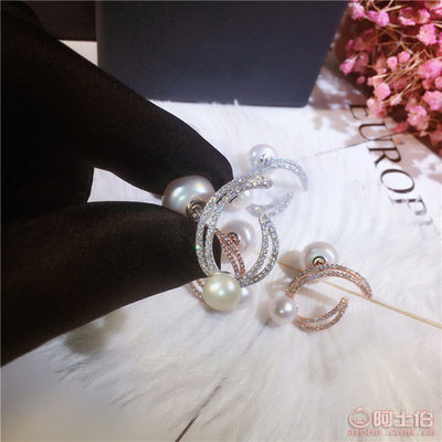 【s925純銀曲線珍珠月牙耳釘韓版新款個性時尚女式耳飾銀飾品批發