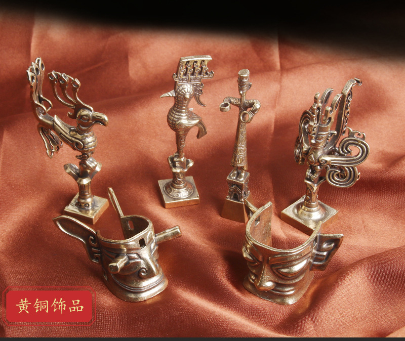 純黃銅三星堆仿古青銅器擺件縱目面具青銅祭司太陽神鳥工藝品批發