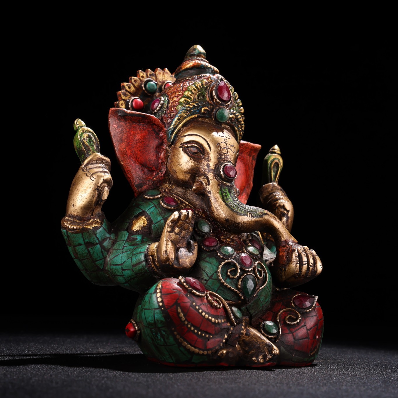 仿古銅鑲嵌寶石彩繪描金象鼻財(cái)神佛像古玩收藏家居裝飾工藝品批發(fā)